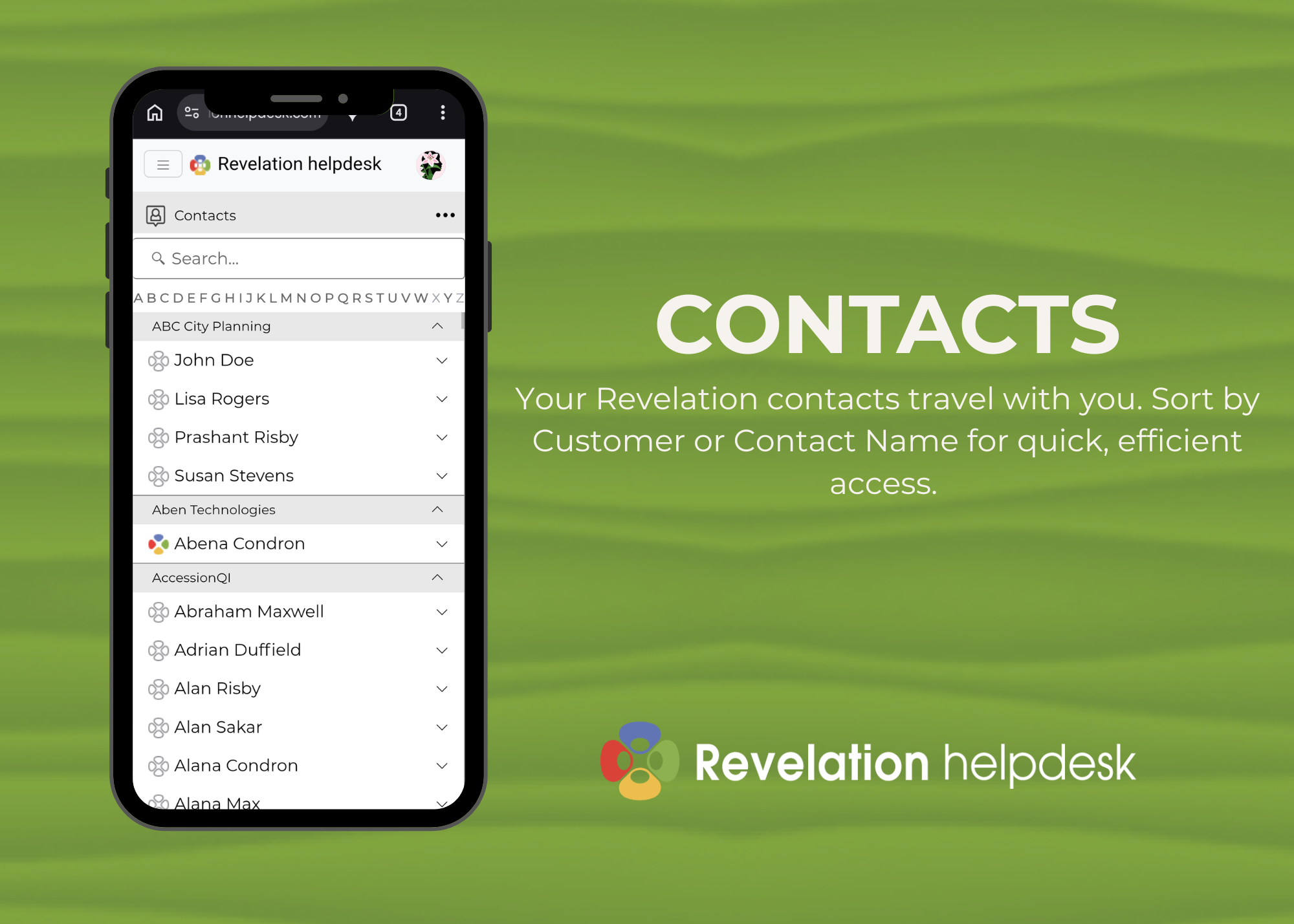 Revelation mobile Contacts view showing customer and contact listings.