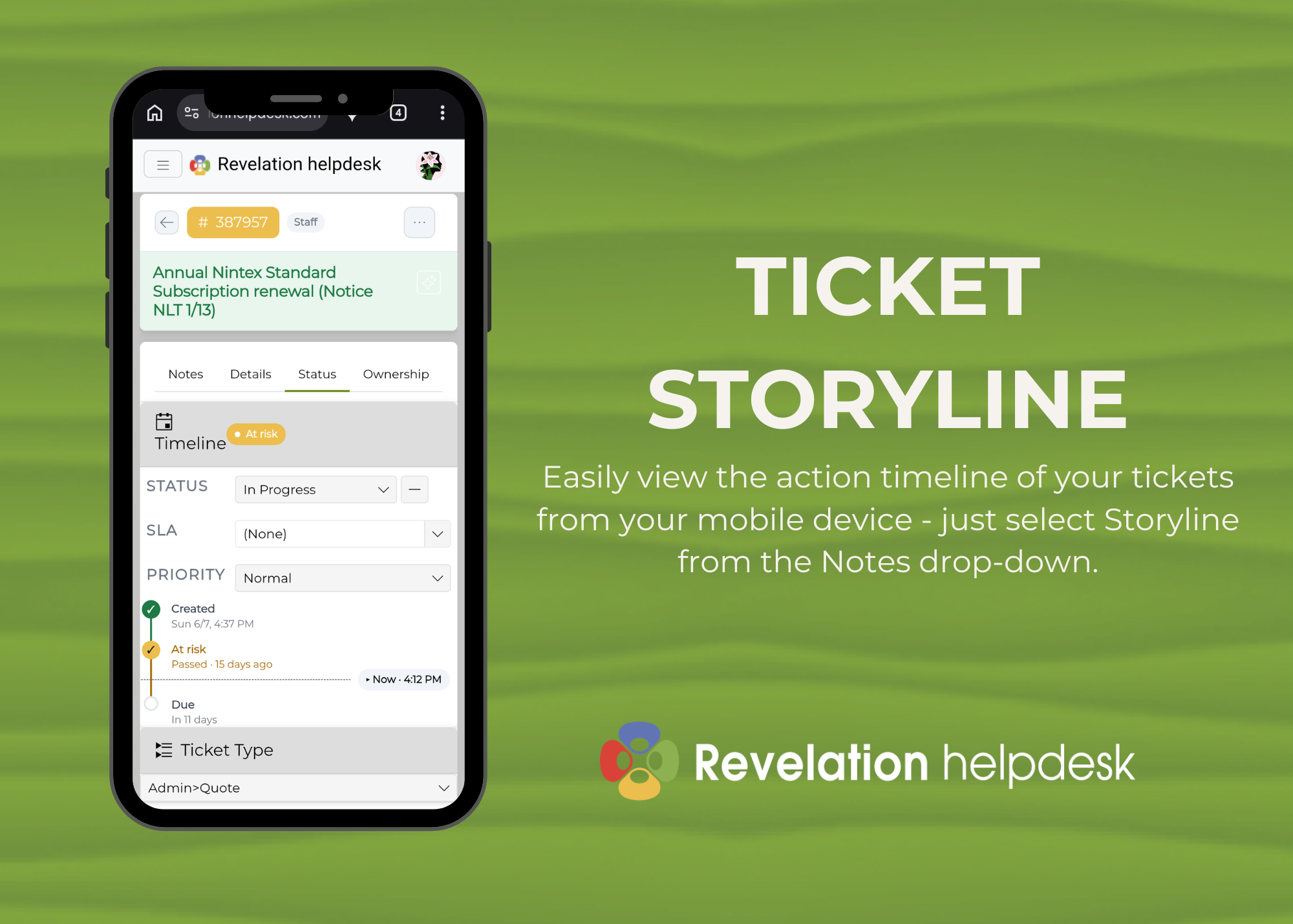 Revelation mobile ticket view showing the ticket Storyline and status information.