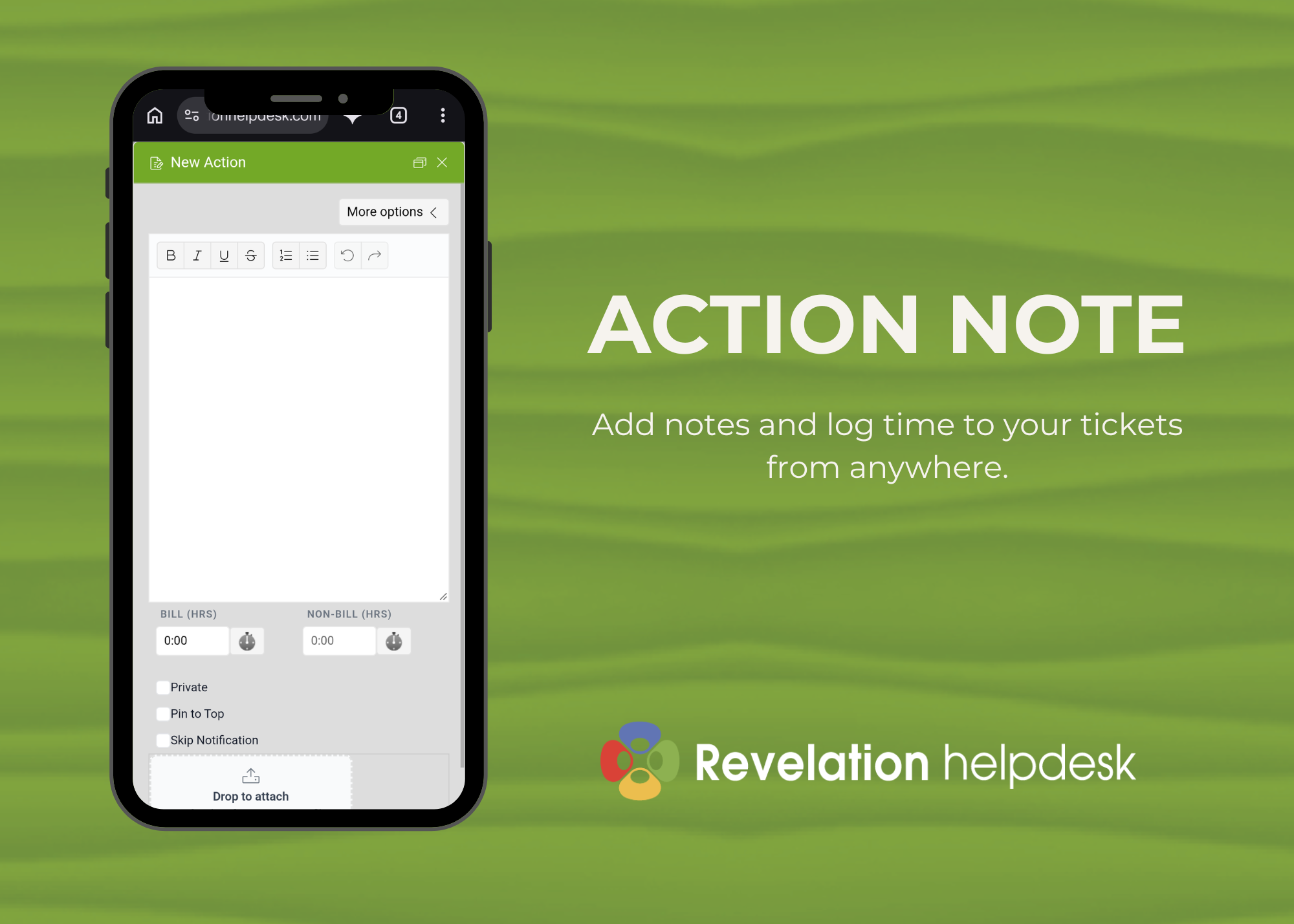Revelation mobile Action Note screen for adding notes and logging ticket time.