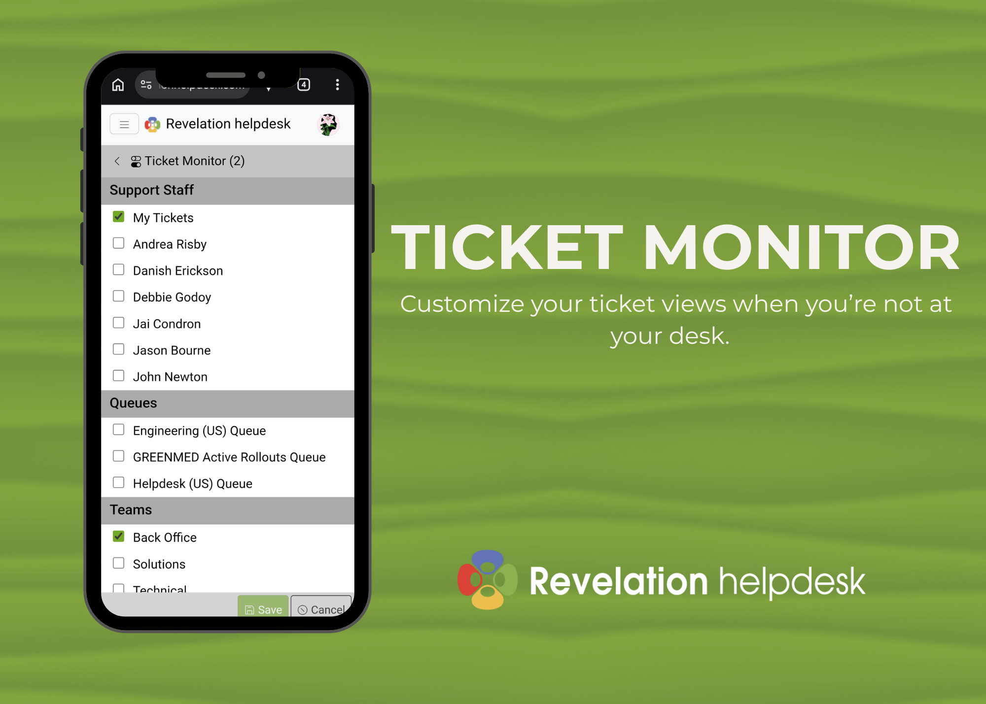 Revelation mobile Ticket Monitor showing support staff, queues, and teams.