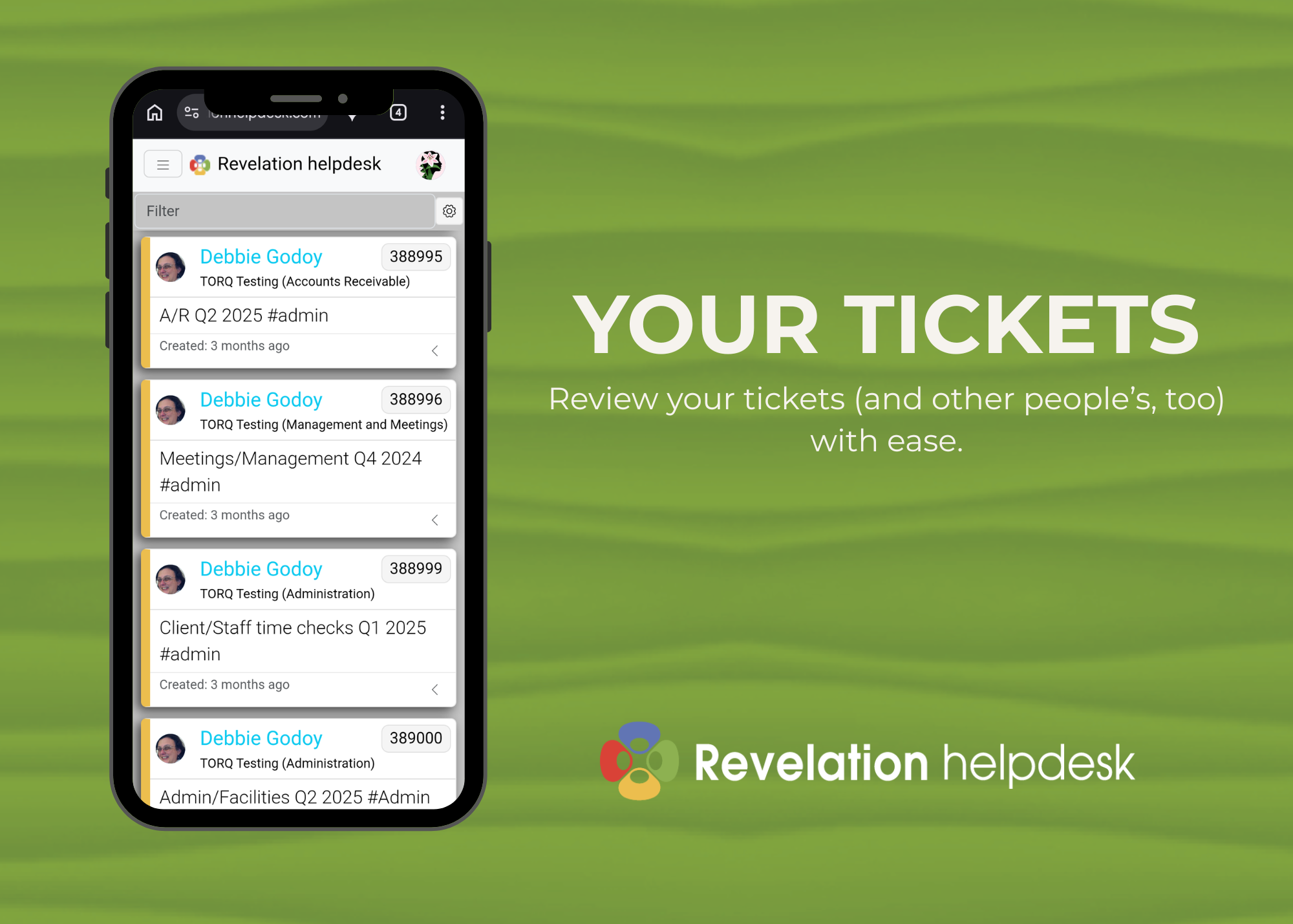 Revelation mobile ticket list showing assigned and monitored tickets.